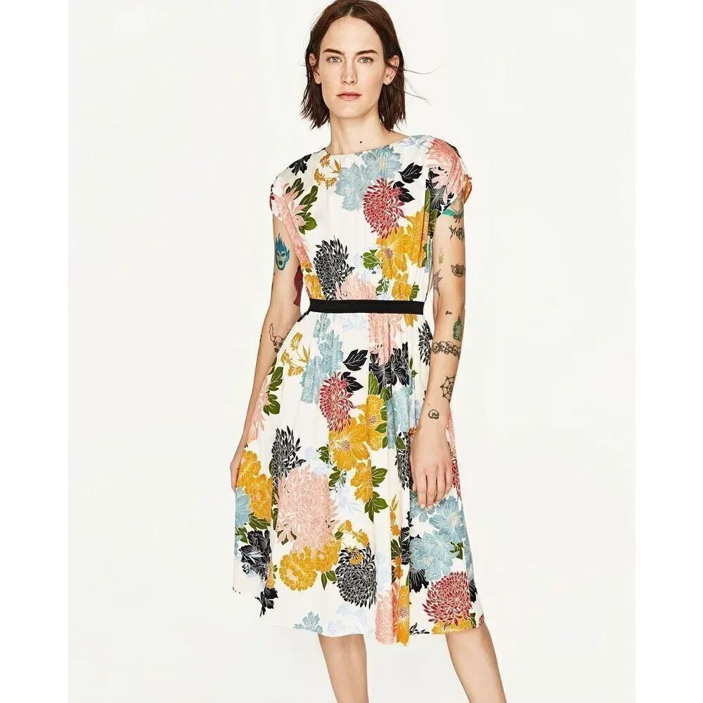 Zara Floral Print Multicolor Bohemian Elastic Waist Back Zipper SZ XS #2413